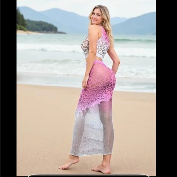White & Pink Gradient 2pc Crop Top & Long Fishtail Skirt Fishnet Set - Picture 4 of 7